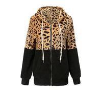 Sweat à capuche zippé en polaire pour femme - En flanelle - Imprimé léopard - Patchwork - Décontracté - Double peluche, Noir , L