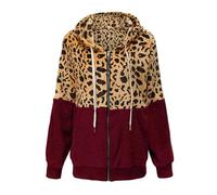 Sweat à capuche zippé en polaire pour femme - En flanelle - Imprimé léopard - Patchwork - Décontracté - Double peluche, Rouge, M