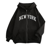 Sweat à capuche zippé New York Y2K pour femme - Coupe ample avec capuche - Couleur unie - Fermeture éclair - Style gothique - Confortable - Personnalisé - Tendance 2025, Noir , L