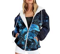 Sweat à capuche zippé pour femme avec imprimé dauphin lumineux - Veste à capuche 3D avec motif floral de mer - Veste artistique pour un look magique, Style_e01 Bleu, L