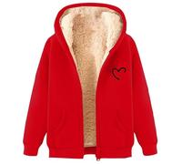 Sweat à capuche zippé pour femme - Imprimé cœur - Polaire chaude - Doublure chaude - Avec capuche - Uni - Manches longues - Grande taille, A - Rouge, 5XL