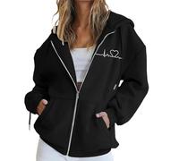 Sweat à capuche zippé pour femme - Manches longues - Sweat à capuche tendance de couleur unie - Automne et hiver - Sweat à capuche uni d'hiver en polaire chaude avec fermeture éclair, Noir , XL
