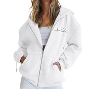 Sweat à capuche zippé pour femme - Manches longues - Sweat à capuche tendance de couleur unie - Automne et hiver - Sweat à capuche uni d'hiver en polaire chaude avec fermeture éclair, blanc, L