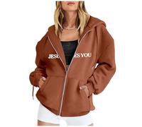 Sweat à capuche zippé pour femme - Motif de la foi chrétienne - Imprimé Bible - Jésus - Couleur unie - Léger - Décontracté - Surdimensionné - (Café - 3, S)