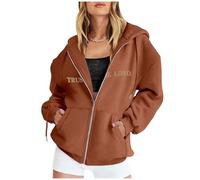 Sweat à capuche zippé pour femme - Motif de la foi chrétienne - Imprimé Bible - Jésus - Couleur unie - Léger - Décontracté - Surdimensionné - Café - 4, S