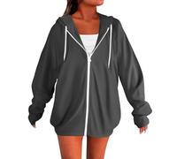 Sweat à capuche zippé pour femme - Solide - Manches longues - Sweat surdimensionné pour femme - Cordon de serrage - Haut de sport ample - Tendance et confortable - Pull d'automne, gris foncé, 3XL