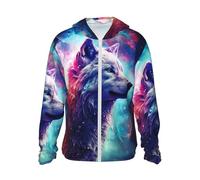 Sweat à capuche zippé pour homme et femme - Motif loup étoilé multicolore - Manches longues - Avec poches, Noir/blanc, 3XL