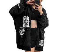 Sweat à Capuche zippé surdimensionné Femme Strass Y2k Sweat esthétique Streetwear Gothique Veste Ample Punk Pull Haut Harajuku Street Tee (Noir,S)