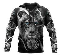 Sweat Capuche Viking Warrior Tattoo pour Hommes, Sweat Vintage Veste Oversize Imprimé Mythologie Nordique,Lion Vegvisir Zipper,L