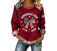 Sweat Femme Col Rond Manches Raglan Pull Chemise Femme 2 en 1 Oversize Sweatshirts Waffle Patchwork Jean Imprimé "America 250" US 250 1776-2026 Independence Day 4 Juillet Motif Drapeau Américain