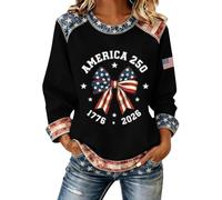 Sweat Femme Col Rond Manches Raglan Pull Chemise Femme 2 en 1 Oversize Sweatshirts Waffle Patchwork Jean Imprimé "America 250" US 250 1776-2026 Independence Day 4 Juillet Motif Drapeau Américain