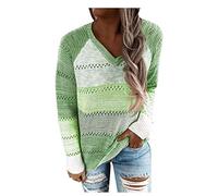 Sweat Femme Hiver Chaud Pull Femme Oversize Femmes Décontracté Patchwork Col en V Manches Longues Pull Chemisier Hauts Chaud Hiver pour Les Fetes Green M