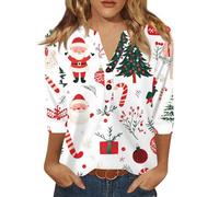 Sweat Femme Noel Manche 3/4 Haut De Noel Femme Impression Hauts Col en V Vintage Mode Top Unique Blanc M