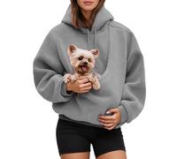Sweat Femme Peluche avec Chat Poche Automne Hiver Mode Casual S-XXXL, Sweat à Capuche Manches Longues avec Kangourou Chat Chien Poche Couleur Solide Outdoor Sport Hoodie Sweatshirts (Light Gray, XL)