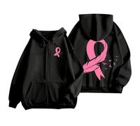 Sweat Femme Polaire Veste Ete Octobre Rose Pull À Capuche Casual Hoodie Sweatshirt Coton Pour Printemps Automne Hiver Zippé Sweats Sportswear Ruban Cancer Du Sein Chaud Doublure Zippée Le noir M