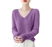 Sweat Femme,Pull Grande Taille Femme,Women's Autumn and Winter New Line Pure Wool V Neck Solid Color Over Knitted Base Sweater s Légers pour Manches Longues (Purple, M)