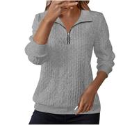 Sweat Femme sans Capuche 1/4 zippé Manches Longues Haut Décontracté Cable Knit Jumpers Automne Hiver Basique Pull Tops Lapelle Couleur Unie Sweat-Shirt Pullover