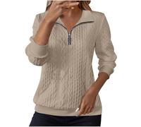 Sweat Femme sans Capuche 1/4 zippé Manches Longues Haut Décontracté Cable Knit Jumpers Automne Hiver Basique Pull Tops Lapelle Couleur Unie Sweat-Shirt Pullover