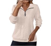 Sweat Femme sans Capuche 1/4 zippé Manches Longues Haut Décontracté Cable Knit Jumpers Automne Hiver Basique Pull Tops Lapelle Couleur Unie Sweat-Shirt Pullover