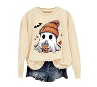 Sweat Femme sans Capuche Chemises avec ThèMe De Citrouille Trendy Haunted Long Sleeve Sweat De Cadeau DéContractéE Tenue De CéLéBration Col Rond VêTements d'halloween Automne (Beige, XL)