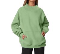 Sweat Femme sans Capuche Col Montant Oversize Pull Polaire Molletonné Épaules Tombantes Manche Longue avec Poches - Sweatshirt Chaud Doux Souple Loungewear Streetwear Sport Décontractée (A-Green, M)