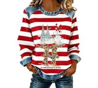 Sweat Femme Sans Capuche Col Rond Effet 2 en 1 Sweatshirts Femme Patchwork en Jean Pull Oversize Imprimé Rayures et Danseurs Fantaisie Manches Longues pour Mi Saison Fête Carnaval Sortie Quotidien