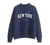 sweat femme sans capuche imprimé lettres mode sweatshirt y2k style streewear vintage pull femme hiver chaud col rond casual T-shirt à manches longues New York en anglais pour ado fille (Navy, S)