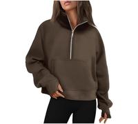 Sweat Femme sans Capuche- Veste Sport Col Roulé Demi-Fermeture Éclair Décontracté Couleur Unie Coupe Ample Court Pullover Chic Et Élégants Passe-Partout Tempérament Automne Hiver Sportwear