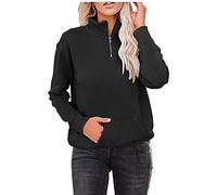 sweat femme sans capuche zippé basic sweatshirt grande taille avec poche large pull hiver chaud chic et élégant fermeture eclair Intégrale haut thermique femme polaire quotidien ideal (Black, M)
