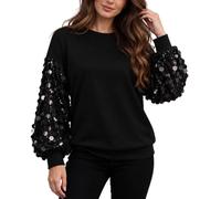 Sweat Femme Sequins Étincelant Patchwork Manches Longues Pullover | Tissu brillant, sequins, manches bouffantes, col rond, coupe décontractée, tendance pour fête