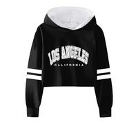 Sweat Fille Enfant Décontracté Ample Actif Manches Pleines Sweat à Capuche Sweatshirts avec Court Pull Lettre Imprimé Rayé Adolescent Crop Tops (Black, 10-12 Ans)