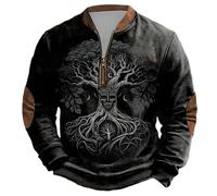 Sweat Homme Mythologie Nordique Loisirs avec Demi-Zippée Sweatshirts Homme Mystérieux avec Imprimé Arbre de Vie Pull de Viking Médiéval Sweats sans Capuche Fantastiques pour Halloween