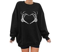 Sweat Large Femme Oversize Sweat Manche Longue - Pull Col Rond Ample DéContracté Imprimé CœUr Effrayant Squelette Mains Amour Gothique Convient à Un Usage Quotidien