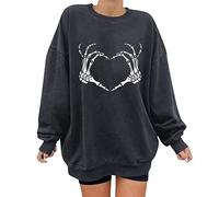 Sweat Large Femme Oversize Sweat Manche Longue - Pull Col Rond Ample DéContracté Imprimé CœUr Effrayant Squelette Mains Amour Gothique Convient à Un Usage Quotidien