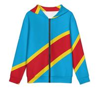 Sweat Léger Adolescents Sweat À Capuche Zippé Imprimé République Démocratique du Congo Drapeau National Patriotique Sweat Décontracté Sport Tissu Doux Durable Confortable Garçons Quotidien