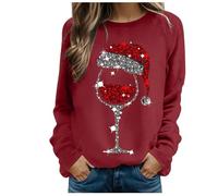Sweat Manche Longue Femme Pull Noel Moche - Pull Col Rond Rigolo Multicolore Verre à Vin Rose Pailleté VéRitable avec Manchon Grande Taille Chaud Pullover Mode