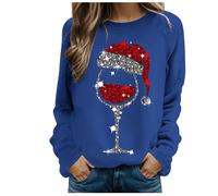 Sweat Manche Longue Femme Pull Noel Moche, Pull Col Rond Rigolo Multicolore Verre à Vin Rose Pailleté VéRitable avec Manchon Grande Taille Chaud Pullover Mode