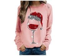 Sweat Manche Longue Femme Pull Noel Moche - Pull Col Rond Rigolo Multicolore Verre à Vin Rose Pailleté VéRitable avec Manchon Grande Taille Chaud Pullover Mode