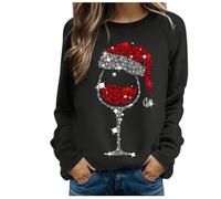 Sweat Manche Longue Femme Pull Noel Moche - Pull Col Rond Rigolo Multicolore Verre à Vin Rose Pailleté VéRitable avec Manchon Grande Taille Chaud Pullover Mode