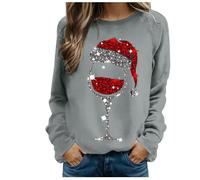 Sweat Manche Longue Femme Pull Noel Moche, Pull Col Rond Rigolo Multicolore Verre à Vin Rose Pailleté VéRitable avec Manchon Grande Taille Chaud Pullover Mode