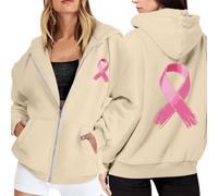 Sweat Octobre Rose Automne Hiver Chaude Sweat a Capuche Femme Zippé Imprimé Rose Cancer du Sein Sweatshirts Sport Décontracté Veste Mi Saison Oversize Pulls, Gilets et Sweats à Capuche (Z1-Beige, M)