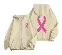 Sweat Octobre Rose Automne Hiver Chaude Sweat a Capuche Femme Zippé Imprimé Ruban Rose Cancer du Sein Sweatshirts Sport Décontracté Veste Mi Saison Oversize Pulls, Gilets et Sweats à Capuche Hoody