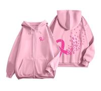 Sweat Octobre Rose Automne Hiver Chaude Sweat a Capuche Femme Zippé Imprimé Ruban Rose Cancer du Sein Sweatshirts Sport Décontracté Veste Oversize Pulls Sweats à Capuche Hoodie