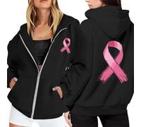 Sweat Octobre Rose Automne Hiver Chaude Sweat a Capuche Femme Zippé Imprimé Ruban Rose Cancer du Sein, Sweats à Capuche Hoodie Sweatshirts Sport Décontracté Veste Mi Saison Oversize Pulls 2025