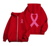 Sweat Octobre Rose Automne Hiver Chaude Sweat a Capuche Femme Zippé Imprimé Ruban Rose Cancer du Sein Sweatshirts Sport Décontracté Veste Mi Saison Oversize Pulls, Gilets et Sweats à Capuche Hoody