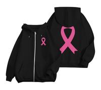 Sweat Octobre Rose Automne Hiver Chaude Sweat a Capuche Femme Zippé Imprimé Ruban Rose Cancer du Sein Sweatshirts Sport Décontracté Veste Mi Saison Oversize Pulls, Gilets et Sweats à Capuche Hoody