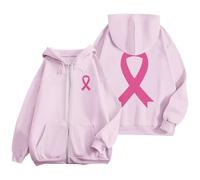 Sweat Octobre Rose Automne Hiver Chaude Sweat a Capuche Femme Zippé Imprimé Ruban Rose Cancer du Sein Sweatshirts Sport Décontracté Veste Mi Saison Oversize Pulls, Gilets et Sweats à Capuche Hoody