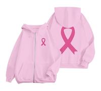 Sweat Octobre Rose Automne Hiver Chaude Sweat a Capuche Femme Zippé Imprimé Ruban Rose Cancer du Sein Sweatshirts Sport Décontracté Veste Mi Saison Oversize Pulls, Gilets et Sweats à Capuche Hoody