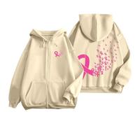 Sweat Octobre Rose Automne Hiver Chaude Sweat a Capuche Femme Zippé Imprimé Ruban Rose Cancer du Sein Sweatshirts Sport Décontracté Veste Mi Saison Oversize Pulls, Gilets et Sweats à Capuche Hoodie #8