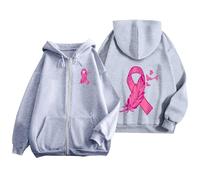 Sweat Octobre Rose Cancer du Sein Pull Court Chaud de Sport Décontracté en Polaire avec Cordon Serrage et Fermeture éclair Mensuelle la Prévention des Femmes Plaid Sweat Capuche pour Femme